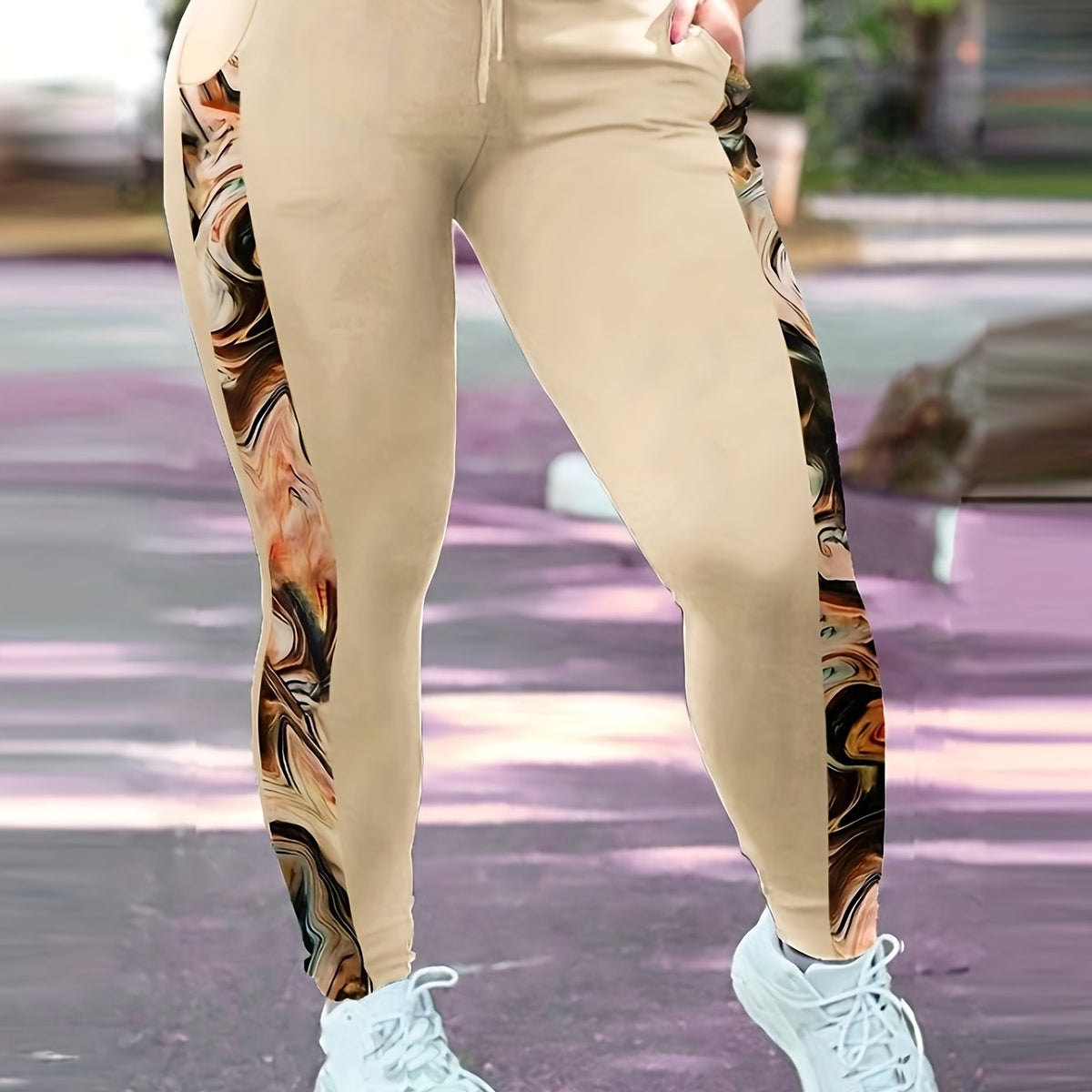  Colorblock Marble Print Sporty Pants with Pockets