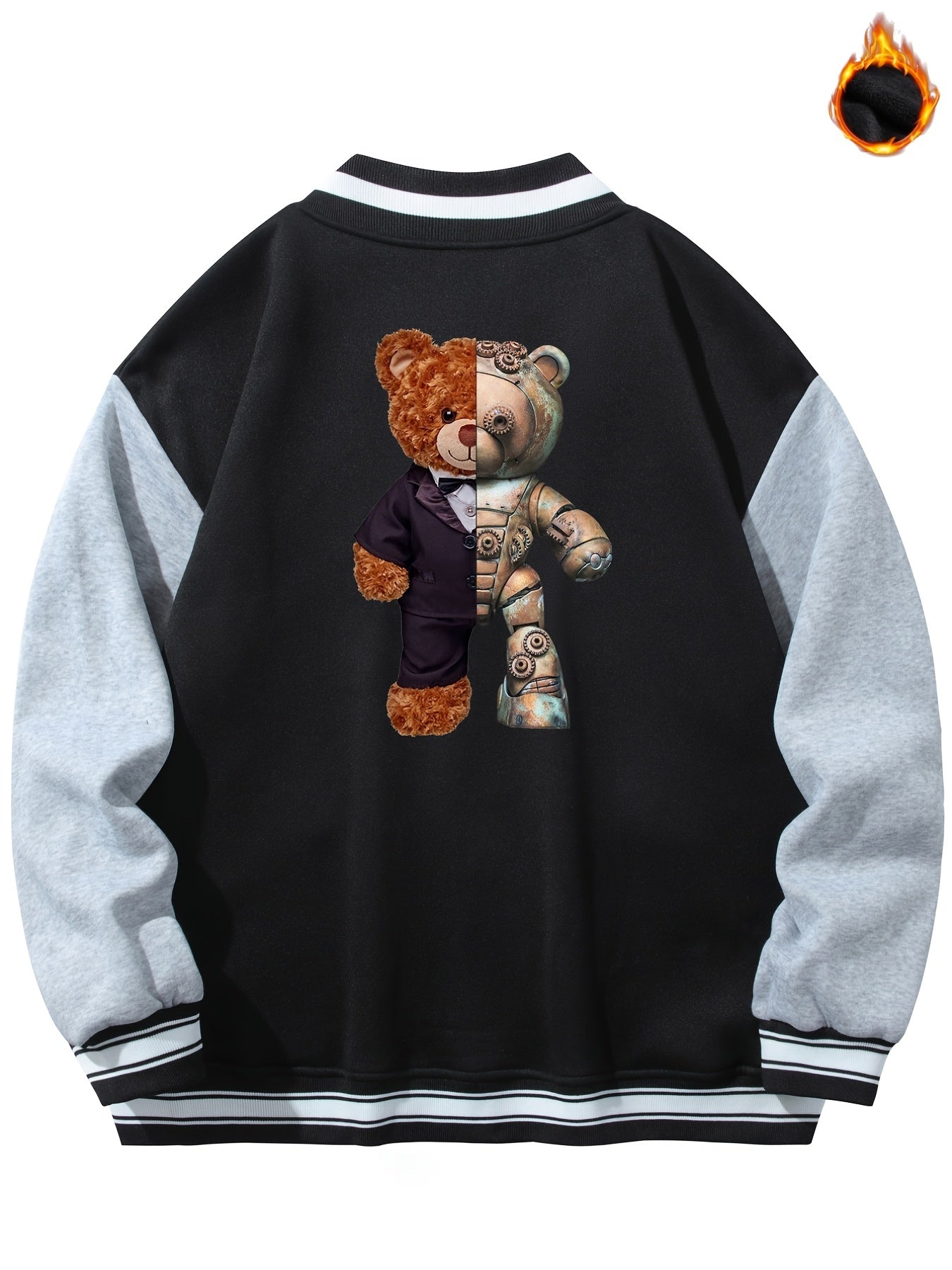 Teddy Bear Graphic Print Men's Casual Baseball Jacket