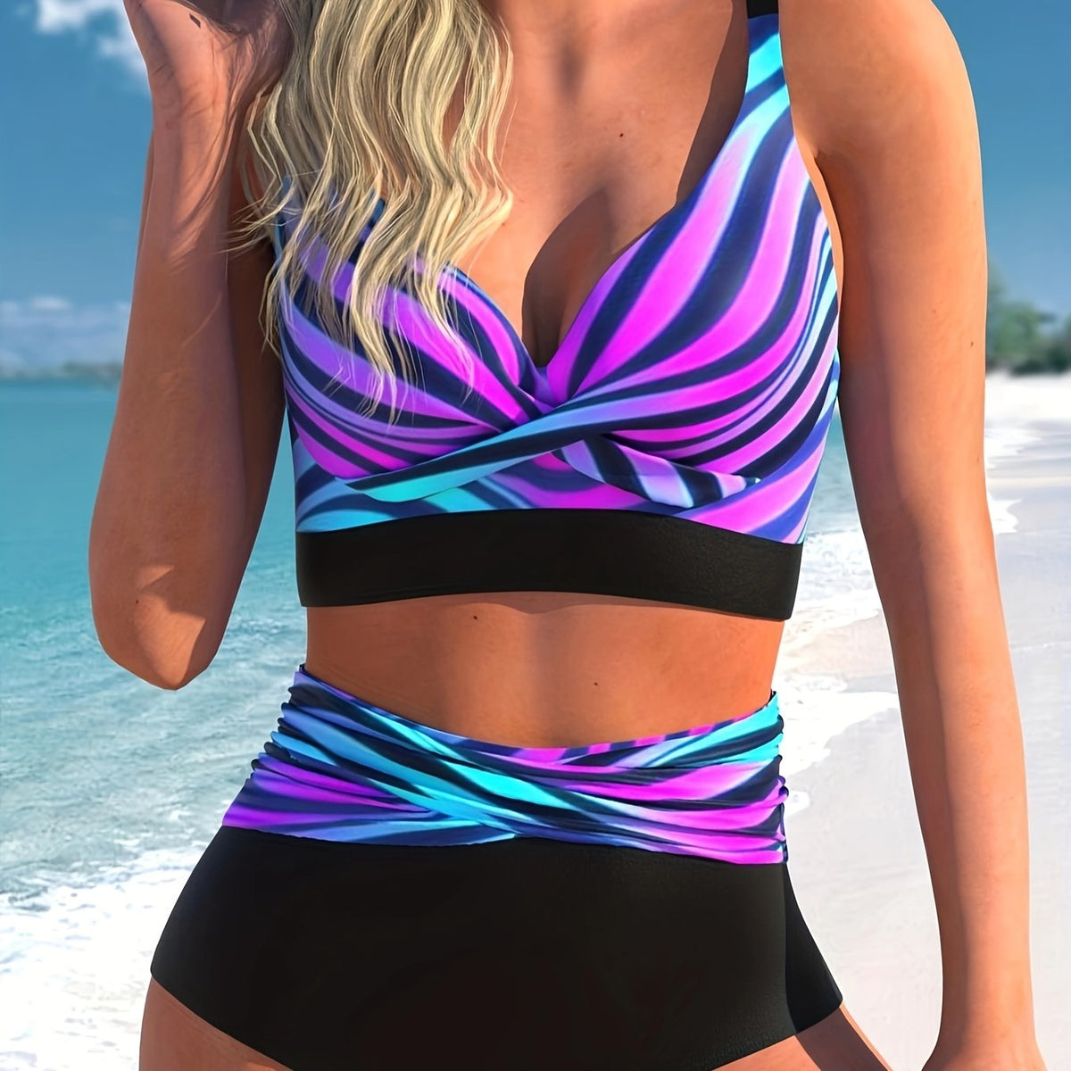  Colorblock Stripe Print Bikini Set