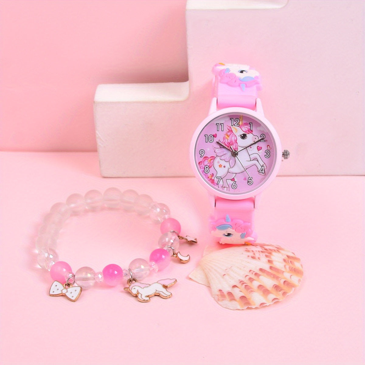 Girls' Unicorn Watch & Bracelet Set - Cute Animal Pattern Silicone Strap