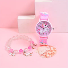 Girls' Unicorn Watch & Bracelet Set - Cute Animal Pattern Silicone Strap