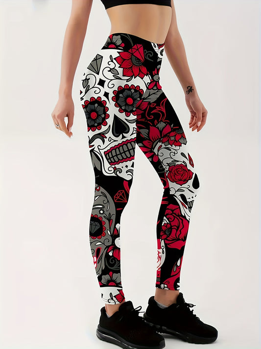  Halloween Leggings Women's Skull & Floral Print High Rise