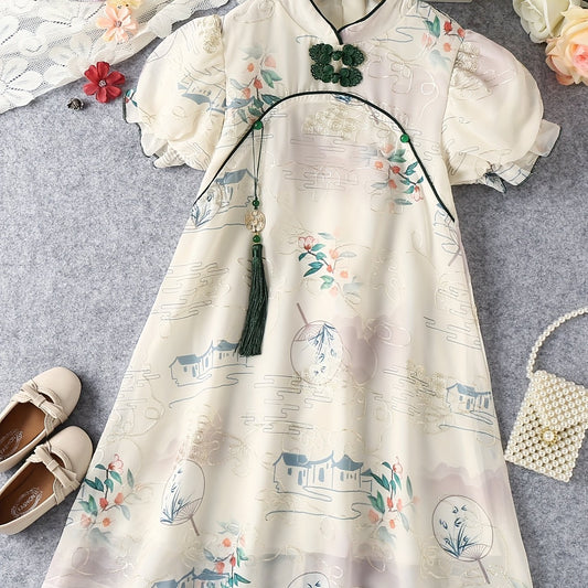 Toddler Girls Puff Sleeve Frill Trim Cheongsam