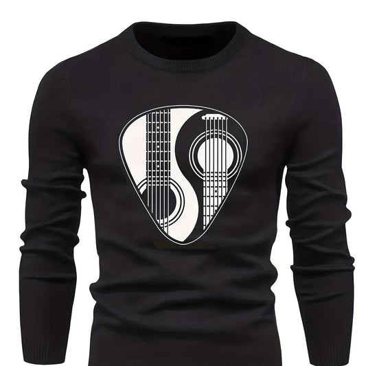 Men's Instrument Print Knitted Sweater Active Mid Stretch Slim Fit Warm Pullover