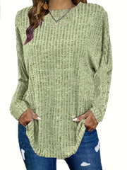  Solid Ribbed Long Sleeve Knit Top