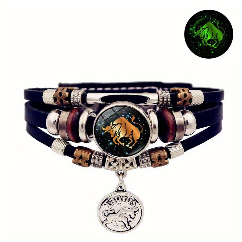 12 Zodiac Luminous Leather Bracelet Multilayer Beaded Hand Jewelry