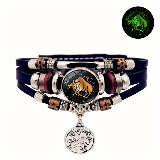12 Zodiac Luminous Leather Bracelet Multilayer Beaded Hand Jewelry