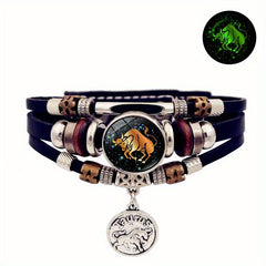 12 Zodiac Luminous Leather Bracelet Multilayer Beaded Hand Jewelry