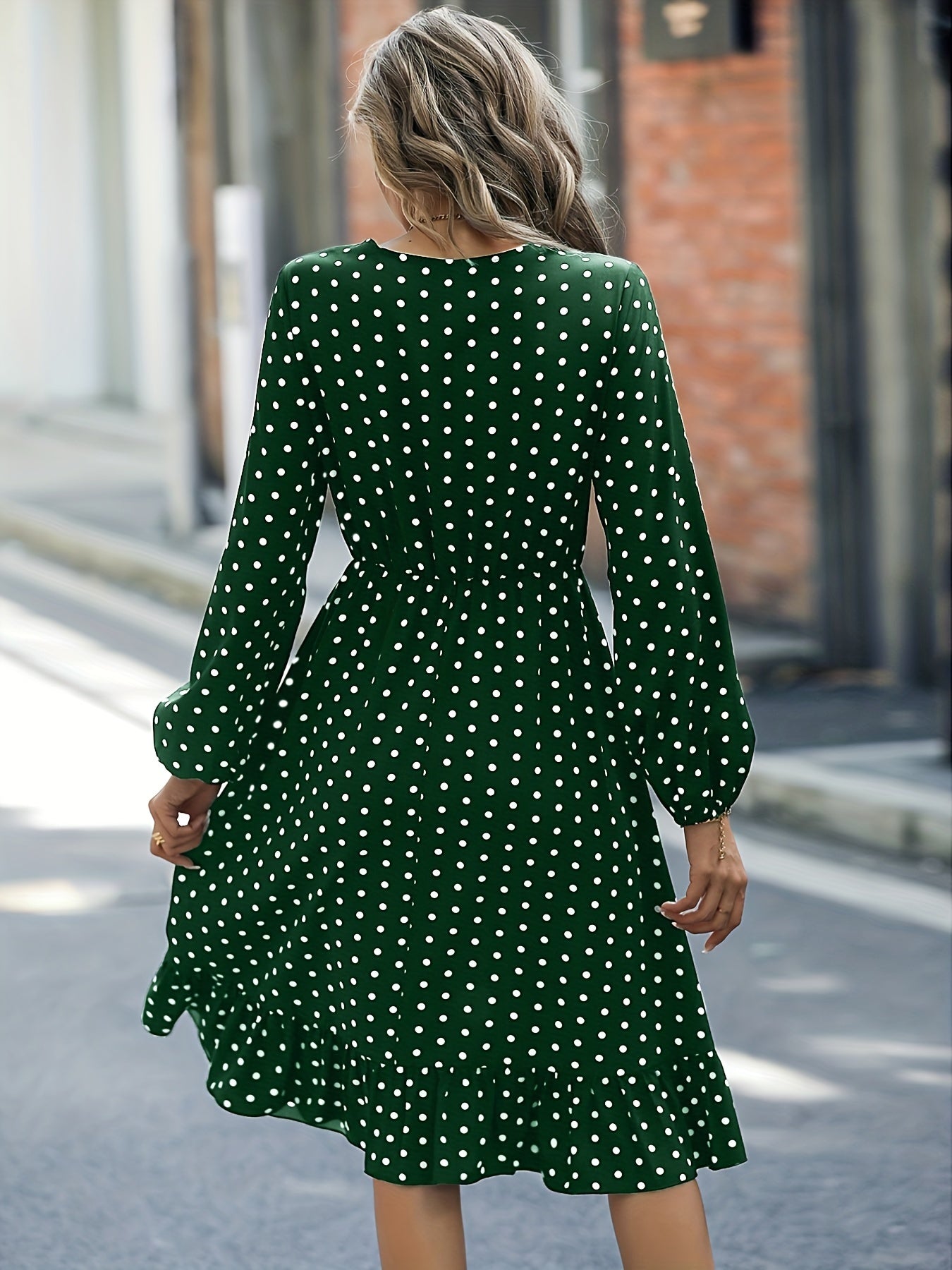 Polka Dot Ruffle Dress V Neck Long Sleeve Loose Fit Summer Women's Clothing