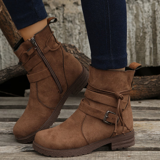 Women's Buckle Strap Decor Boots Lace Up Platform Boots