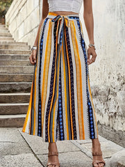  Patchwork Print High Rise Wide Leg Pants with Belt