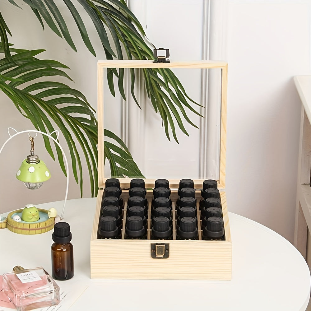 25 Grid Wooden Box With Clear Lid Travel Bottle Display Case