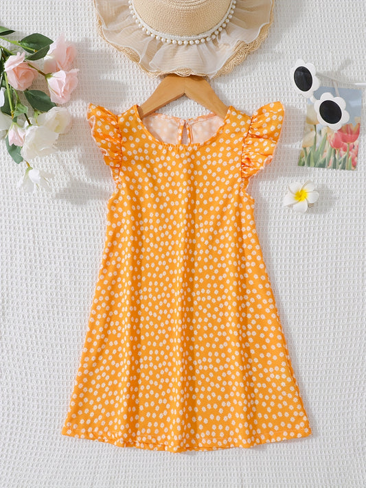 Girls Daisy Floral Print Ruffle Sleeve Dress