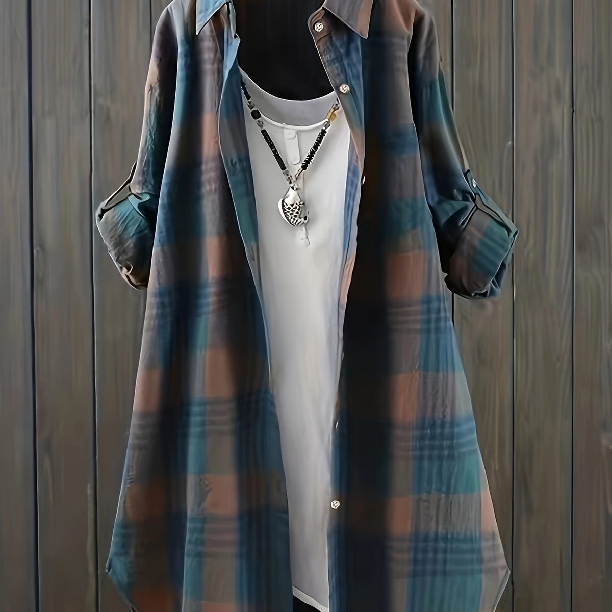  Plaid Print Button Up Roll Up Sleeve Turn Down Collar Blouse