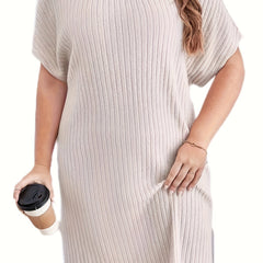 Women's Plus Solid Ribbed Batwing Sleeve Round Neck Loose Fit Dress