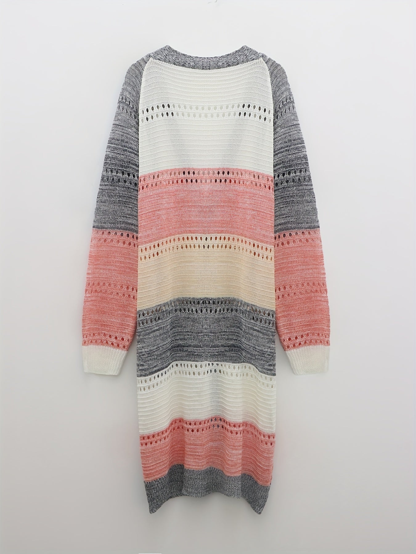  Colorblock Hollow Out Open Front Cardigan