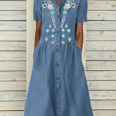 Embroidery Crochet Pattern Denim A-Line Dress