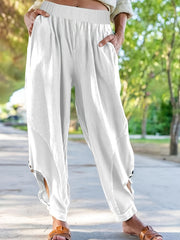  Casual Pants Women's Plus Solid Side Cut Out Button Decor