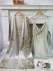 3pcs Cherry Print Pajamas Set Long Sleeve Robe & Cami Mini Dress & Storage Bag