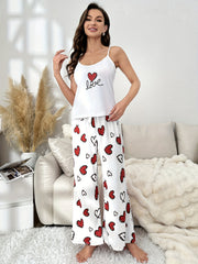 Heart Print Pajama Set Crew Neck Cami Top & Pants