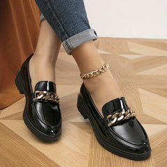 Women's Metallic Chain Decor Loafers Slip On Low Round Toe Non slip Patent Leath