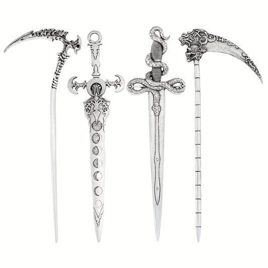 Witch Reaper Skull Hairpin Moon Sword Hair Stick Vintage Snake Sword Hair Clip