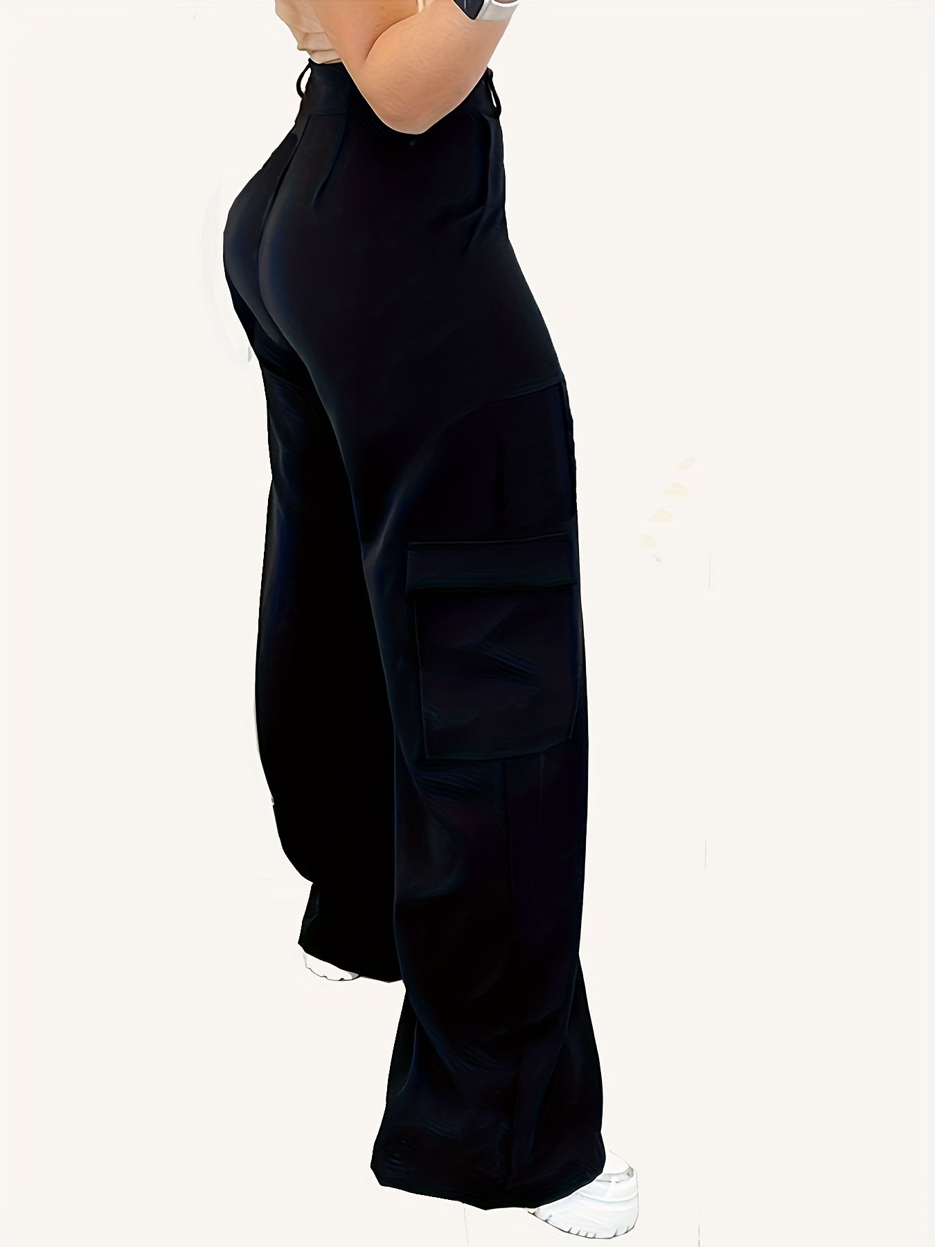  Solid High Rise Wide Leg Cargo Pants