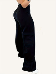  Solid High Rise Wide Leg Cargo Pants
