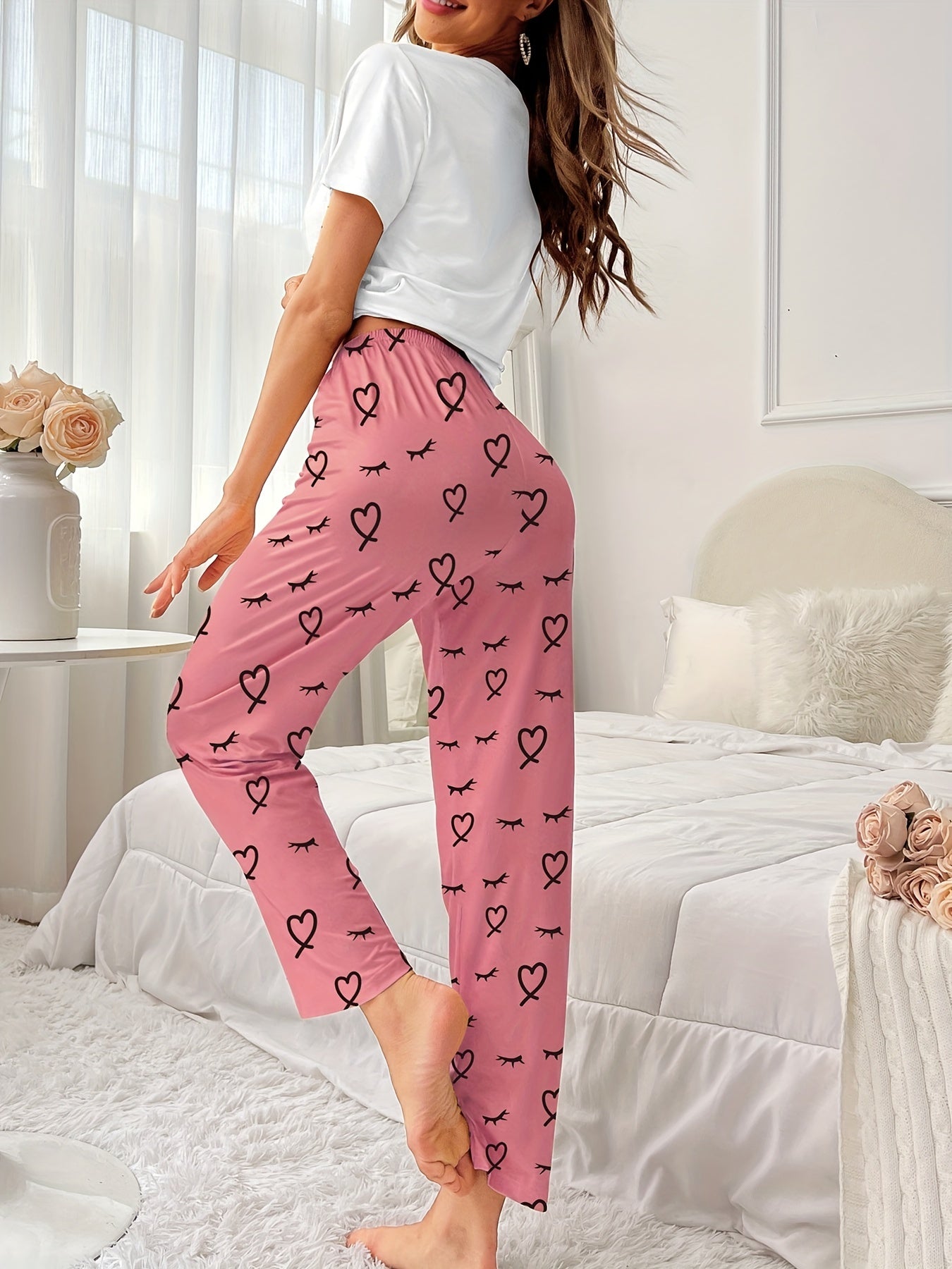 Heart Print Pajama Set Short Sleeve Crew Neck Top & Elastic Waistband Pants