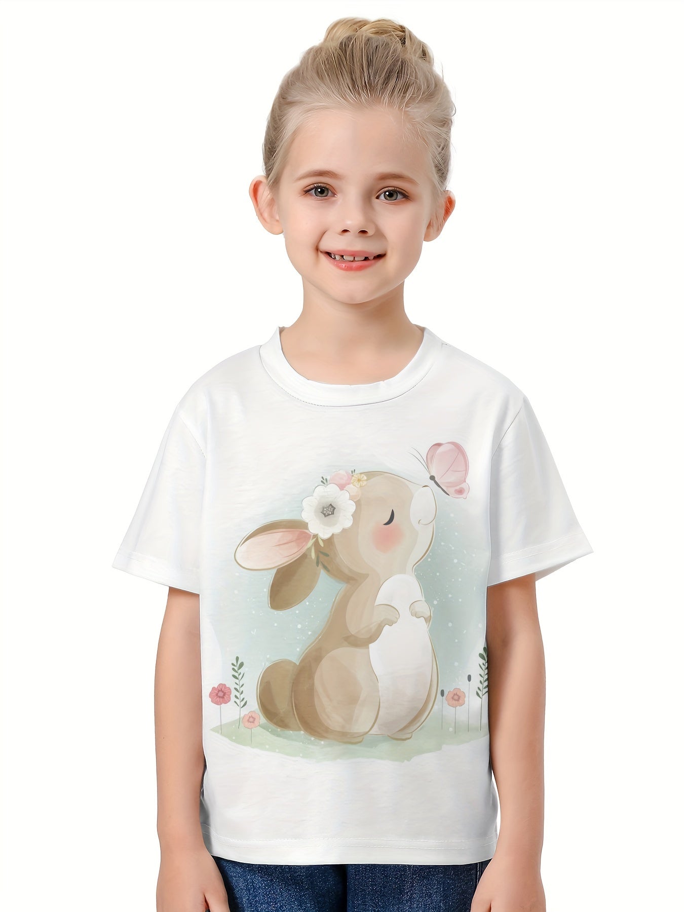 3D Sweet Bunny Graphic Short Sleeve T shirt for Girls Boys
