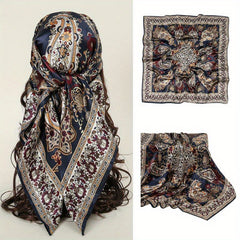 Boho Flower Print Square Scarf Silk Bandana Vintage Satin Shawl