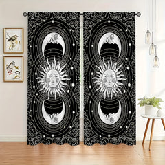 2pcs Sun Moon Printed Curtains Rod Pocket Semi Blackout Window Curtains