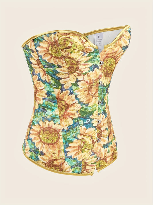  Corset Women's Plus Painting Print Grommet Lace Up Back Tummy Control