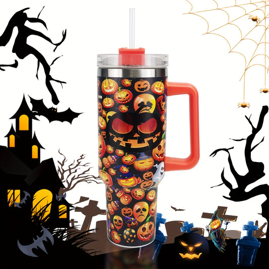 Halloween Pumpkin Print Tumbler 40oz Car Cup with Straw & Handle