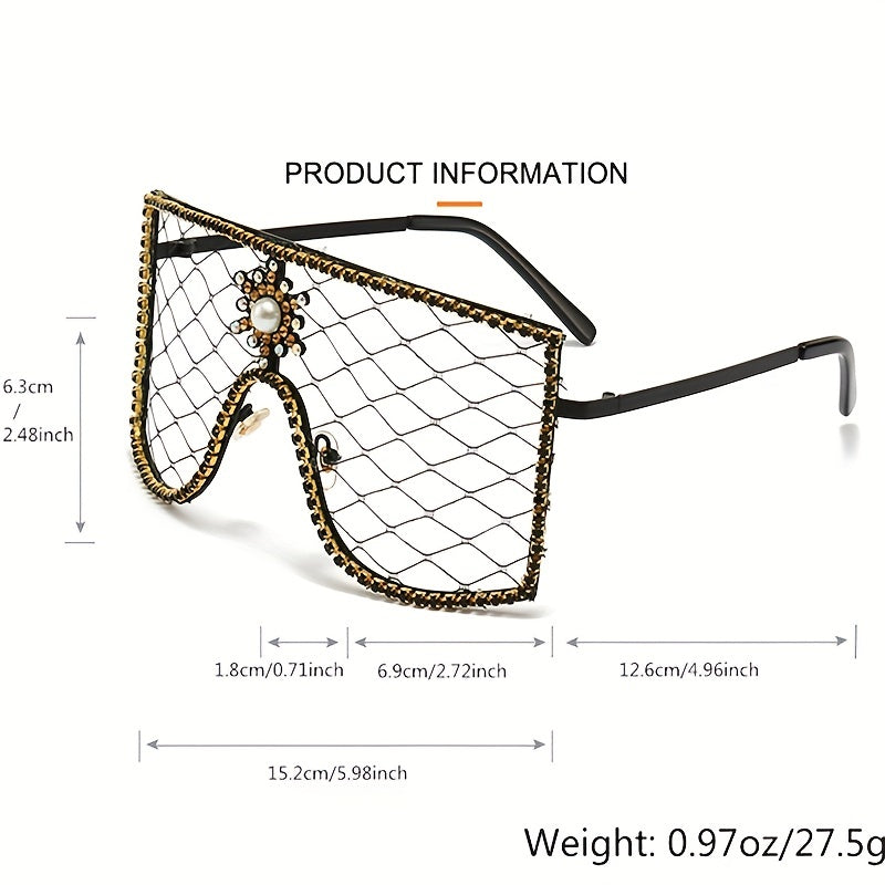 Women's Mesh Shield Glasses Faux Pearl Rhinestone Party Queen Costume