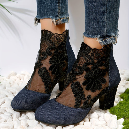 Floral Lace Ankle Boots Chunky Heeled Sandals Dress Heeled Boots