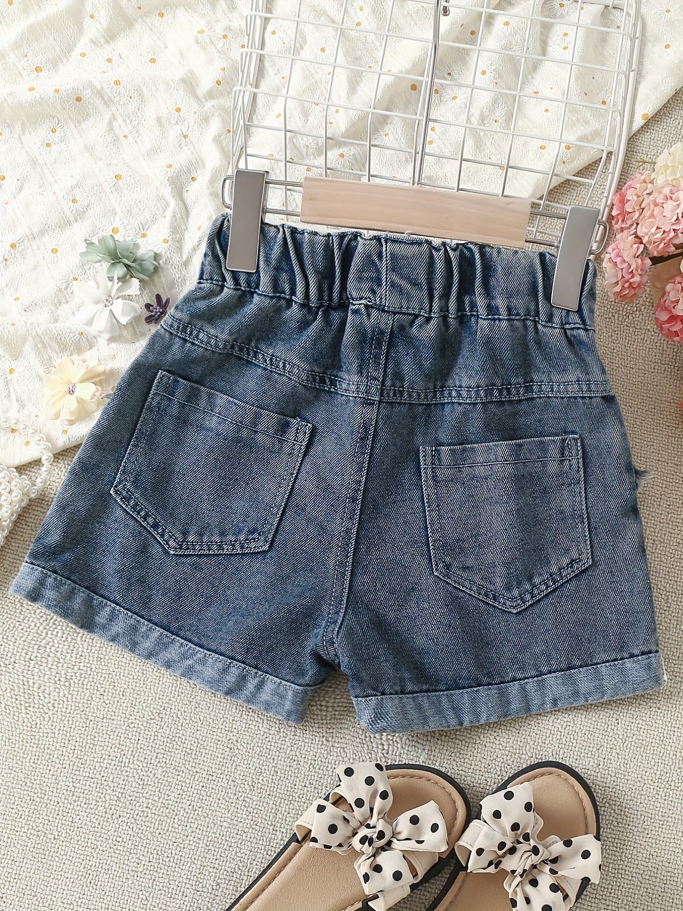Girls Asymmetrical Denim Shorts with Raw Trim and Pockets