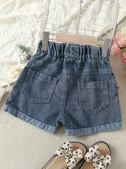 Girls Asymmetrical Denim Shorts with Raw Trim and Pockets