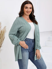  Solid Lantern Sleeve Open Front Stretch Cable Knitted Cardigan