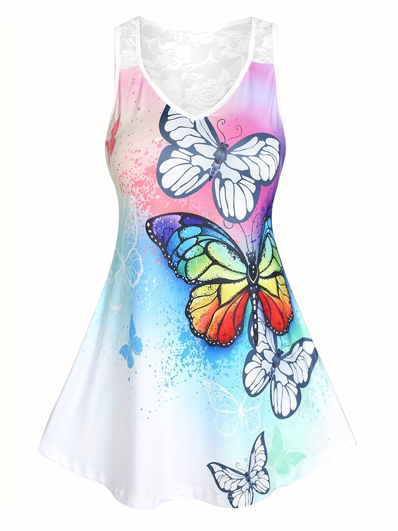 Butterfly Print Lace Tank Top Sleeveless Summer Top Women's Clothing