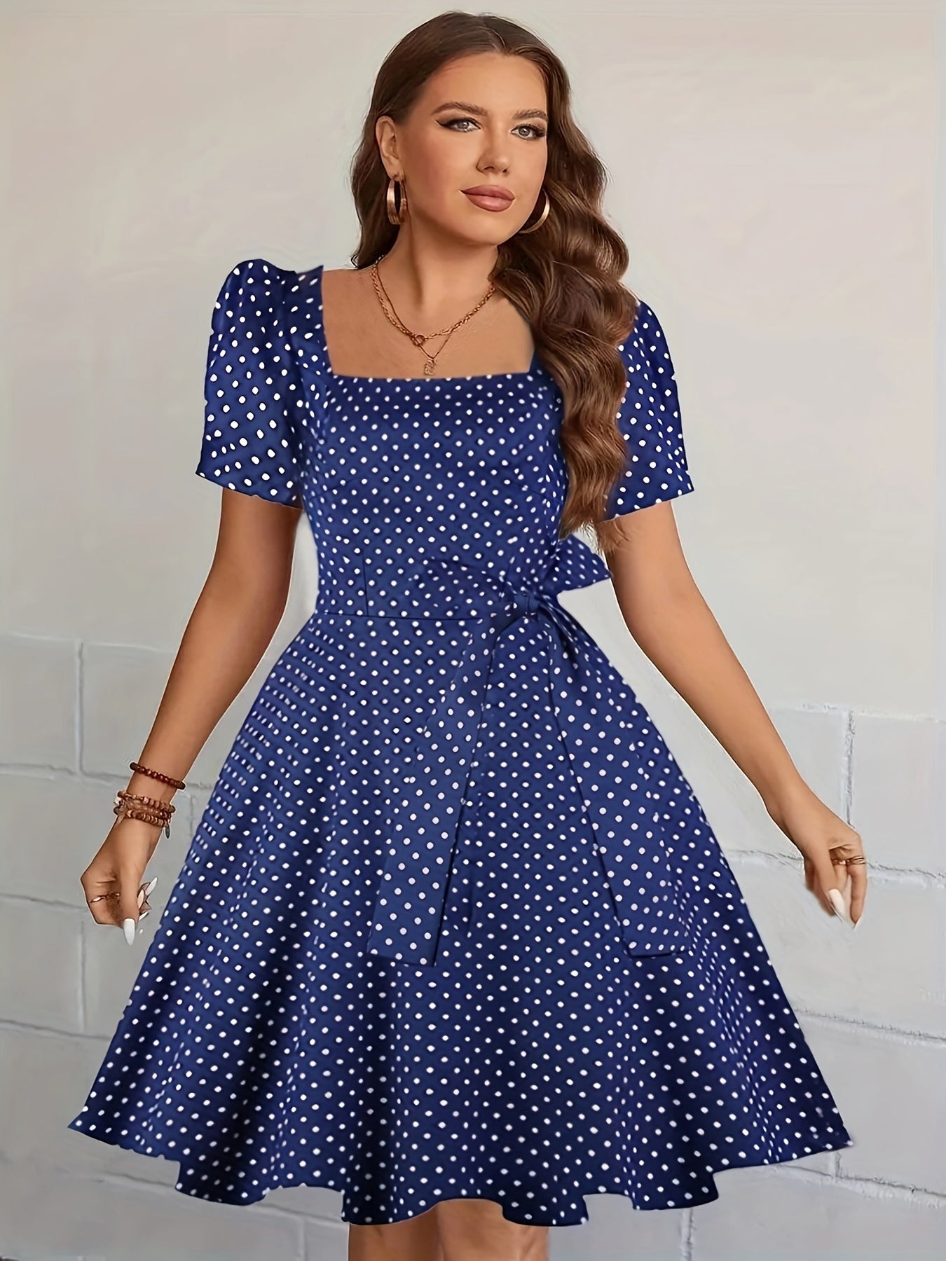  Polka Dot Retro Dress Lantern Sleeve Stretch A line Dress