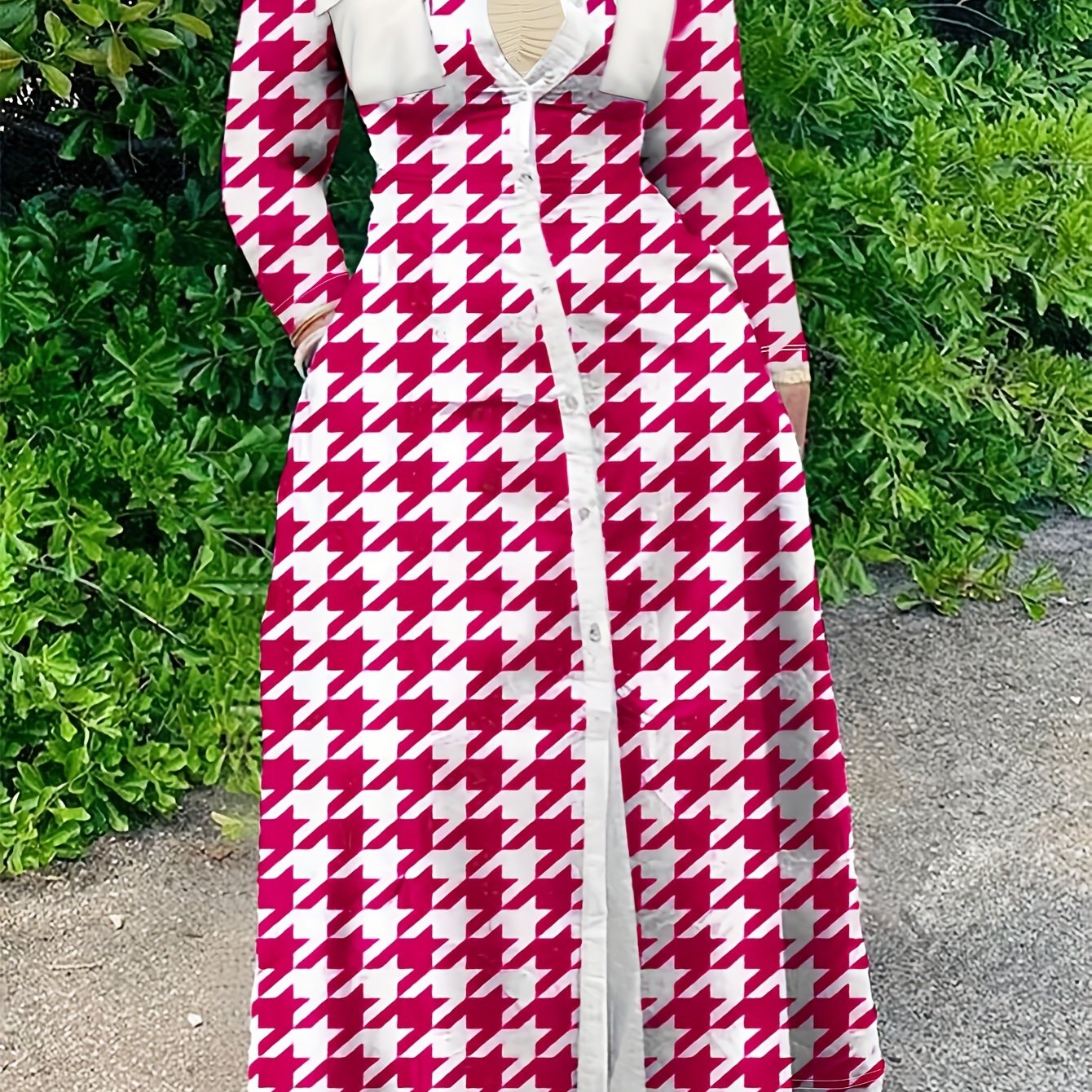  Colorblock Houndstooth Print Button Up Long Sleeve Shirt Dress