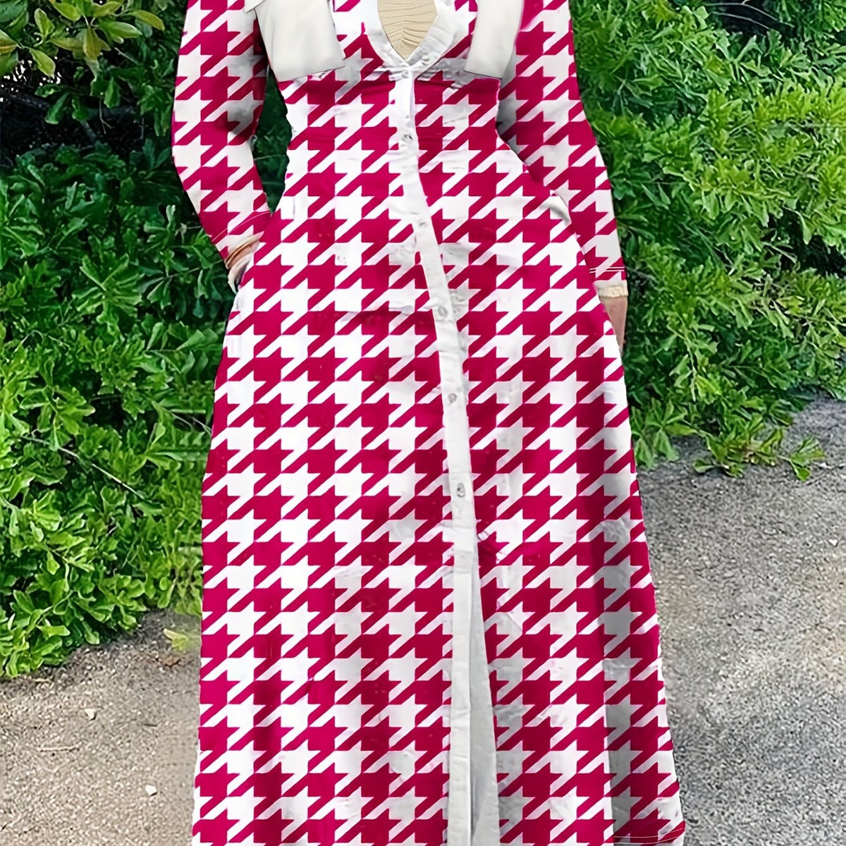  Colorblock Houndstooth Print Button Up Long Sleeve Shirt Dress