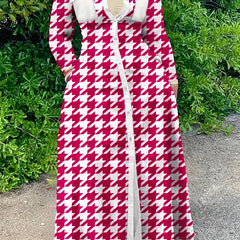  Colorblock Houndstooth Print Button Up Long Sleeve Shirt Dress