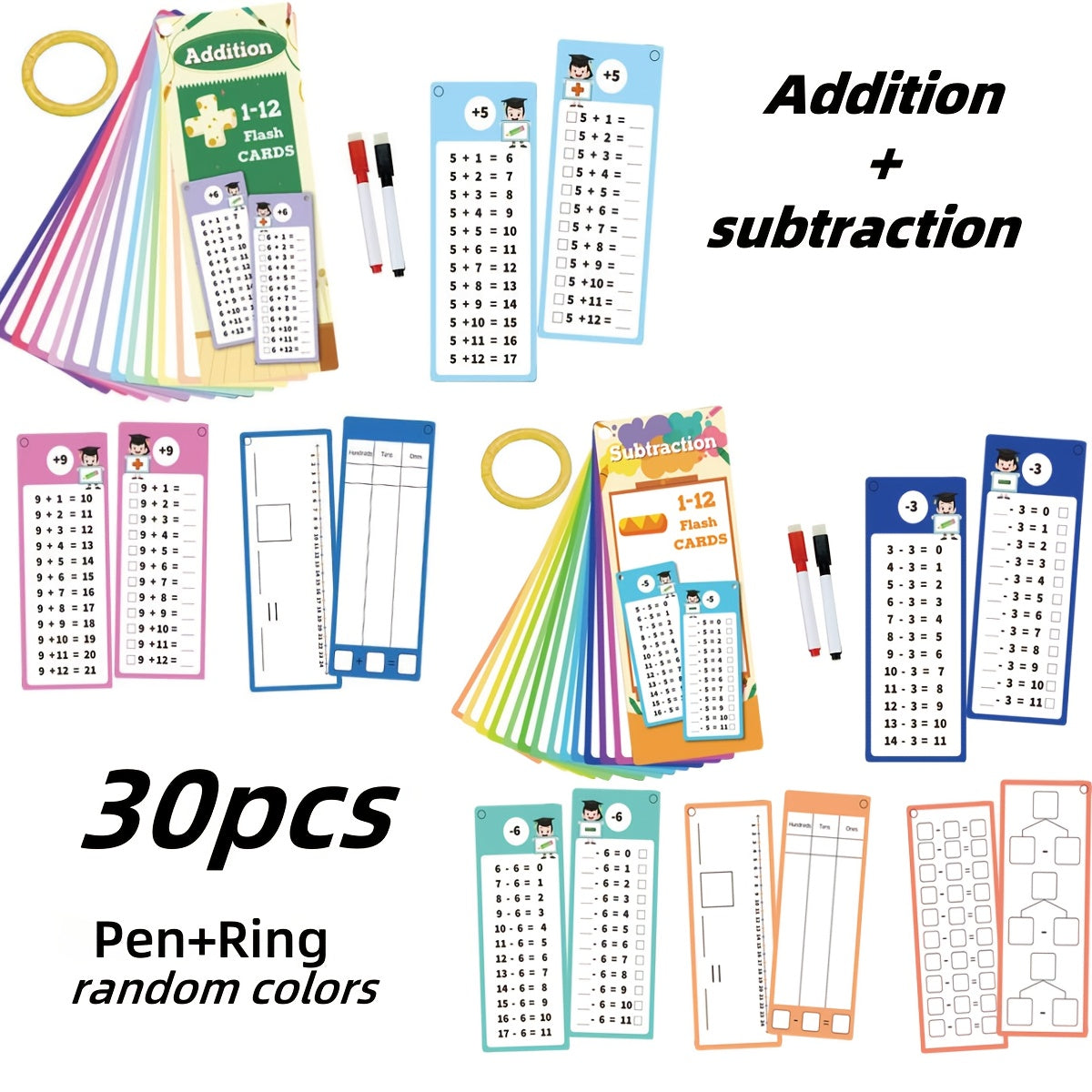 30pcs 1-12 Math Flashcards with Dry Erase Markers | Engaging Learning Tools