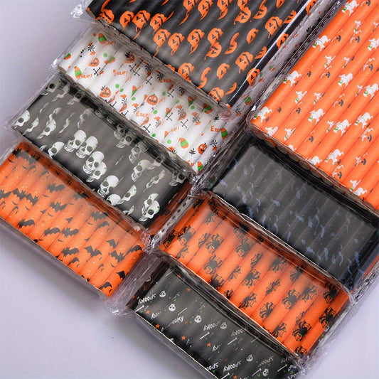 175pcs Halloween Paper Straws Bat Pumpkin Spider Web Skeleton Pattern Straws