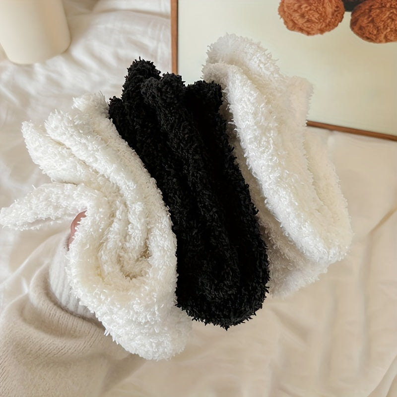 3 Pairs Solid Fuzzy Socks Comfy & Warm Mid Tube Socks Women's Stockings