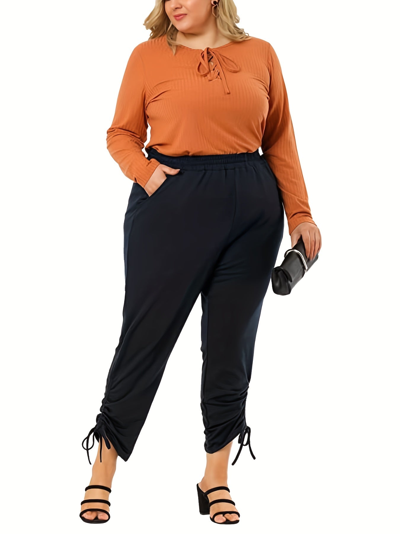  Solid Elastic Ruched Crop Trousers With Pockets