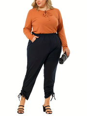  Solid Elastic Ruched Crop Trousers With Pockets