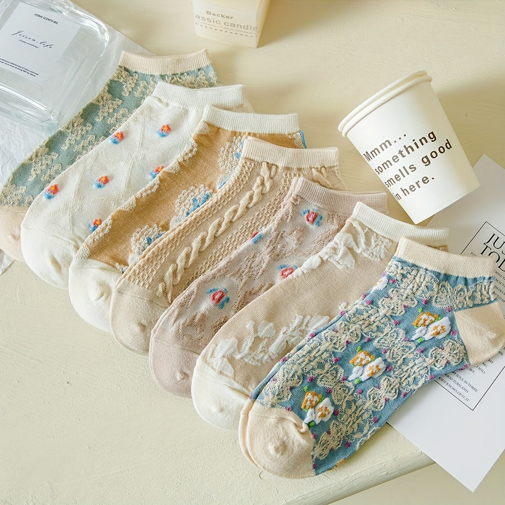 7 Pairs Floral Print Low Cut Ankle Socks Women Stockings